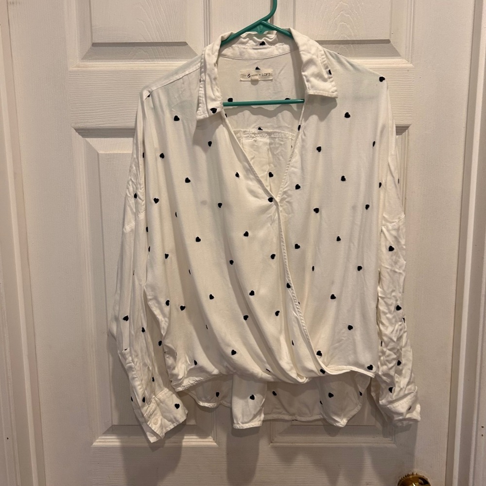 LOFT Lou & Grey White Heart Print Long Sleeve Button Down‎ Blouse Size Large